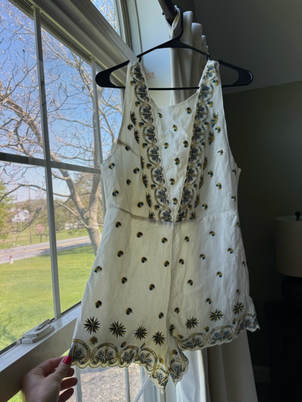 Free People Cream Embroidered Top with Yellow & Teal Accents